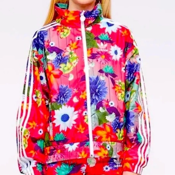 Adidas Jacket Floral Pink full front zip size Large Youth 13/14 - Picture 1 of 10